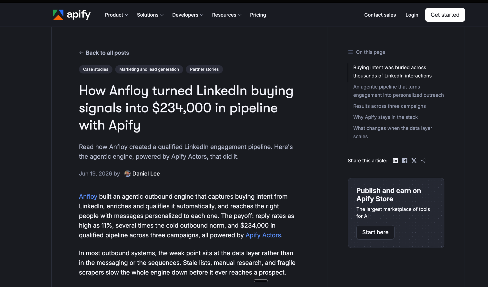 Apify blog case study: How Anfloy turned LinkedIn buying signals into $234,000 in pipeline with Apify
