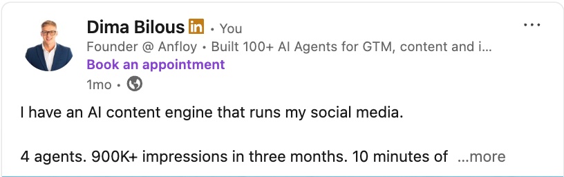 Dima Bilous LinkedIn post — Anfloy AI agent demo